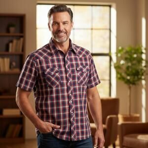 VTG Rustler Western Pearl-Snap Red Plaid X-Long Tail Short-Sleeve Men's 2XL